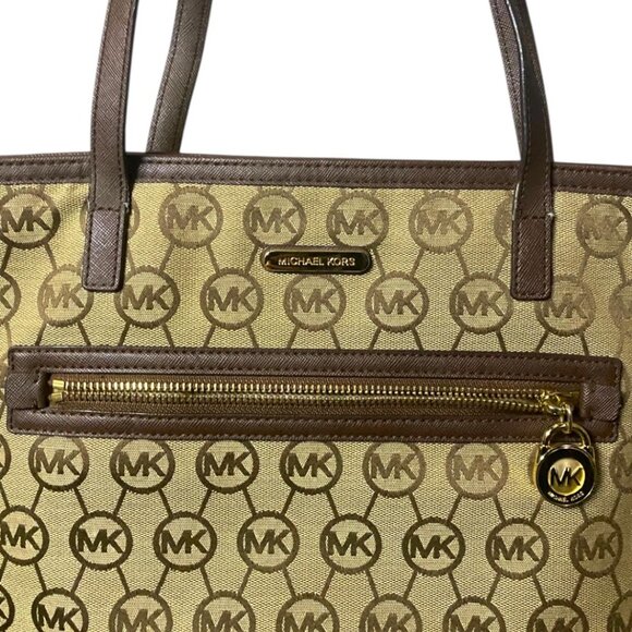 MICHAEL KORS - Beige-Mocha Block Monogram Signature Top Handle Tote Bag - Picture 3 of 6